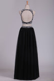 Two Pieces Open Back Scoop Beaded Bodice Tulle A Line Prom Dresses