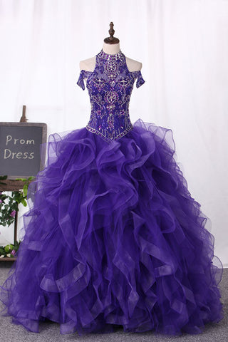Ball Gown Tulle Quinceanera Dresses High Neck Beaded Bodice Sweep Train