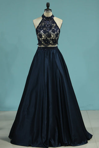 New Prom Dresses A-Line Scoop Floor-Length Lace And Satin With Side Pockets
