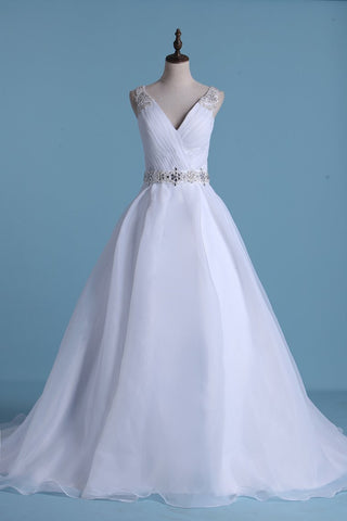 Open Back V Neck Wedding Dresses Organza With Beads And Ruffles