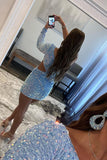 Cute Bodycon One Shoulder Blue Sequins Short Homecoming Dresses