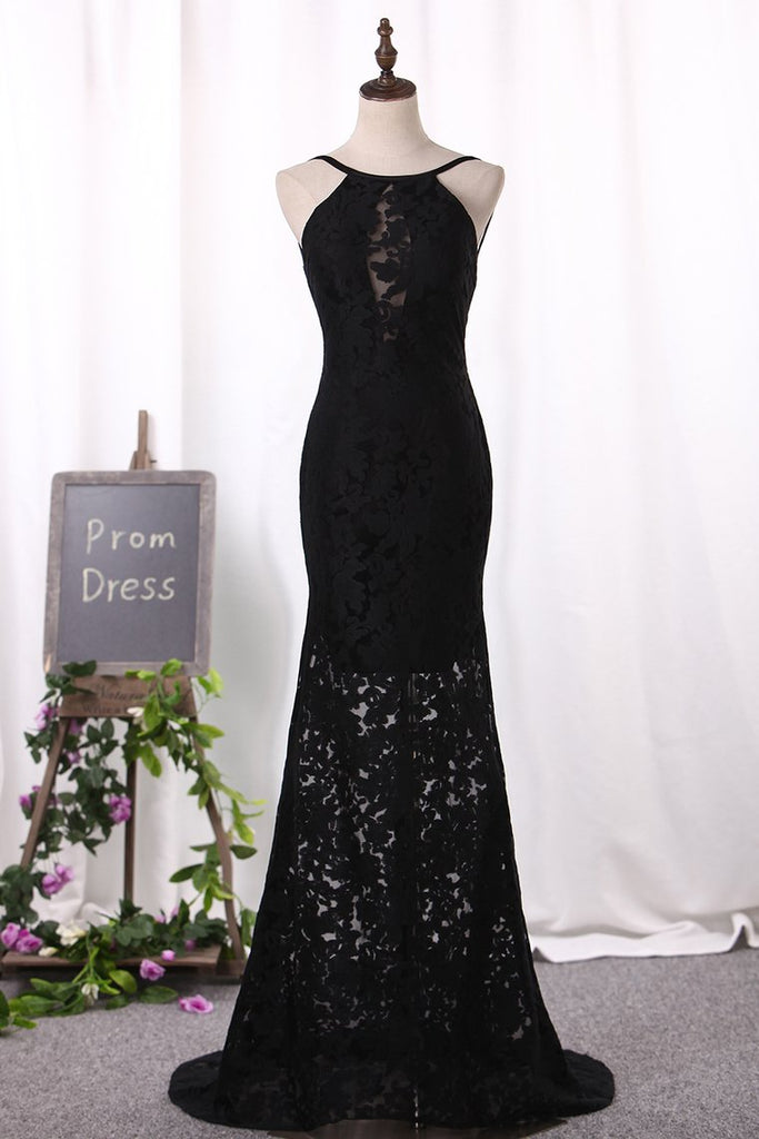 Sexy Sheath Black Prom Dresses Spaghetti Straps Lace Sweep Train