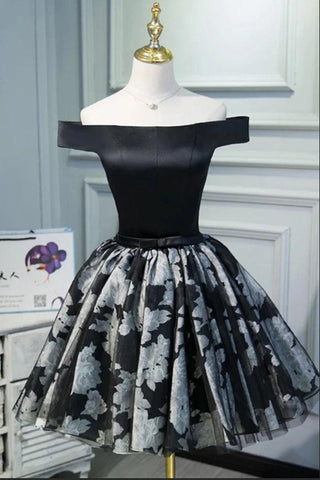 Black Satin Off the Shoulder Cute Homecoming Dresses Short Prom Dress Hoco Gowns SJS14967