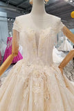 Lace Wedding Dresses Scoop Cap Sleeves Lace Up Back Royal Train
