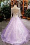 A-Line Tulle Prom Dresses Lace Up With Bling Bling Beaded Bodice Full Sleeves Open Back