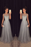 Tulle Scoop A Line Prom Dresses With Sash And Beads Bodice