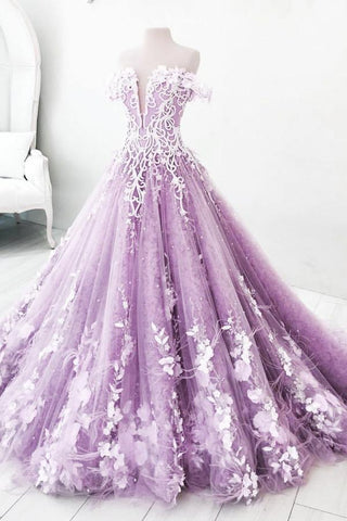 Ball Gown Off the Shoulder V Neck Tulle Lavender Beads Prom Dresses, Quinceanera Dresses SJS15562