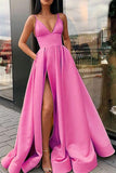 Simple A Line Yellow Spaghetti Straps Satin Prom Dresses with Slit, Party Dresss SJS15386