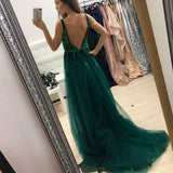Stunning Green V Neck Tulle Sleeveless Split Side Prom Dresses with Sequins