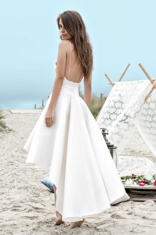Simple Ivory Satin V-Neck Sleeveless Spaghetti Straps High Low Beach Wedding Dresses With Pockets