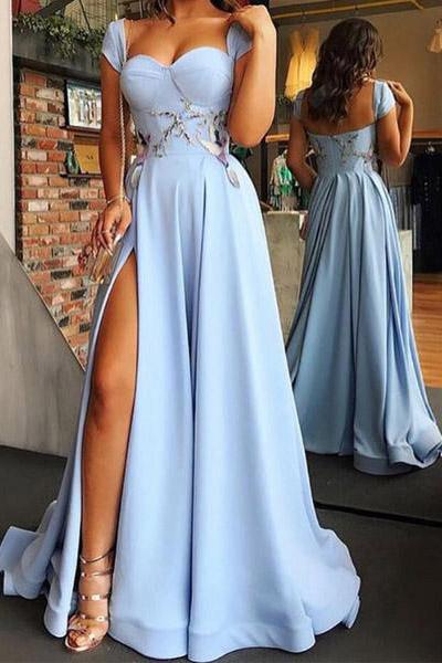 Cap Sleeve Sweetheart A Line Side Slit Satin Blue Long Prom Dresses Evening Dresses JS299