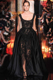 Luxury Pearls Prom Dresses Split Spaghetti Black Lace Formal Dresses Evening Gown JS840