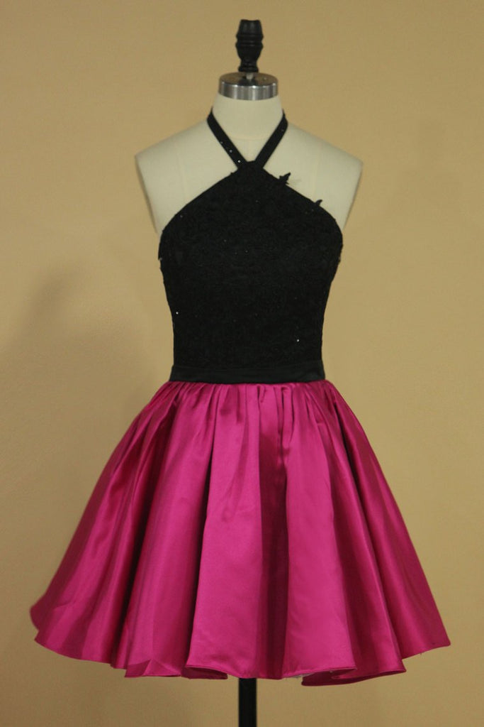 Homecoming Dresses Halter A Line Satin With Applique Two Pieces