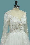 Scoop Long Sleeves Tulle Wedding Dresses With Applique Chapel Train