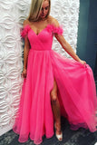 A Line Off the Shoulder Hot Pink Tulle Prom Dresses with Split, Long Formal Dresses SJS15493