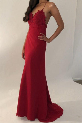 Sexy Red Spaghetti Straps V Neck Mermaid Prom Dresses, Long Evening Dress SJS15597