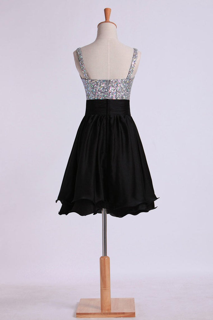 Prom Dresses Straps A Line Short/Mini Beaded Bodice With Pleated Waistband Chiffon