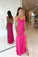 Simple Hot Pink Criss Cross Long Evening Dresses Silk Satin Prom Dresses With Slit