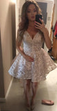 Cute Spaghetti Straps High Low V Neck Pearl Pink Lace Appliques Homecoming Dresses JS843