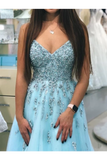 A-Line V-Neck Beaded Prom Dresses Floor Length Prom Gowns