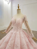 Elegant Ball Gown Pink Long Sleeves Appliques Prom Dresses, Quinceanera SJS20481