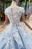 Light Sky Blue Gorgeous Prom Dress With Flowers, Ball Gown Quinceanera Dress With Beads