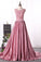 Scoop A Line Satin Evening Dresses With Applique And Beads Sash/Ribbon
