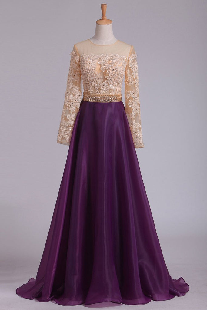 Long Sleeves Prom Dresses Scoop A Line With Applique And Beads Floor Length