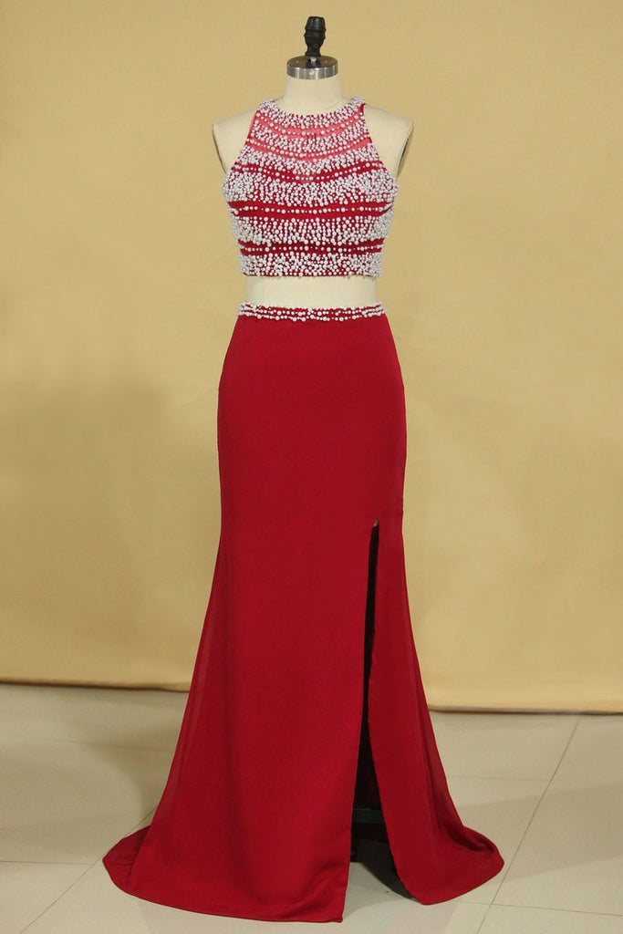 Red Two Pieces Column Scoop Prom Dresses Burgundy Chiffon & Tulle With Beads And Pearls