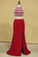Red Two Pieces Column Scoop Prom Dresses Burgundy Chiffon & Tulle With Beads And Pearls