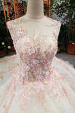 Luxurious Floral Wedding Dresses Scoop Neck With Appliques And Sequins Lace Up