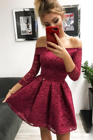 Cute Off the Shoulder Long Sleeves Burgundy Lace Homecoming Dresses Sweet 16 Dresses SJS14972