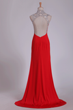 Red High Neck Prom Dresses Sheath/Colum With Beading Sweep Train