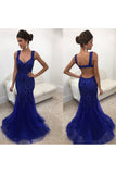 Sexy Open Back Straps Beaded Bodice Prom Dresses Mermaid Tulle