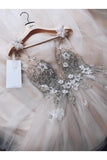 A Line Spaghetti Straps Tulle Beads V Neck Prom Dresses HandMade Flowers Wedding SJSPATMMD6Y