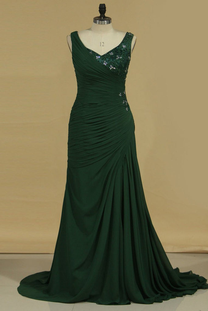 Prom Dress A Line V Neck Column Chiffon With Slit And Beads