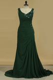 Prom Dress A Line V Neck Column Chiffon With Slit And Beads