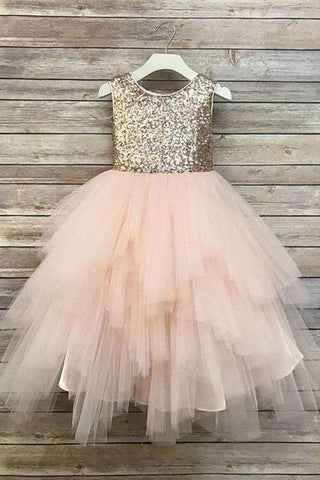 Princess A Line Gold Sequin Round Neck Blush Pink Cute Tulle Baby Flower Girl Dress JS828