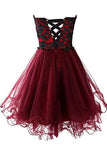 Lovely Cute Appliques Burgundy Sweetheart Organza Lace up Short Homecoming Dress JS689