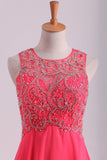 Water Melon Prom Dresses Scoop A Line Beaded Bodice Open Back Chiffon & Tulle Floor-Length