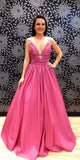 Sugar Pink V-Neck Spaghetti Straps Open Back Sleeveless Prom Dress Satin Prom Dresses JS794