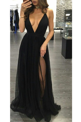 Spaghetti Straps A Line Evening Dresses Tulle With Slit