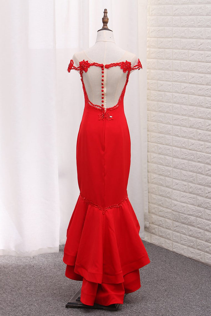 Scoop Mermaid Asymmetrical Prom Dresses Satin With Beads Zipper Up