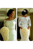 Boat Neck 3/4 Length Sleeves Wedding Dresses Mermaid Tulle With Applique