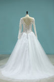 Scoop A-Line Wedding Dresses Court Train Tulle With Applique Long Sleeves