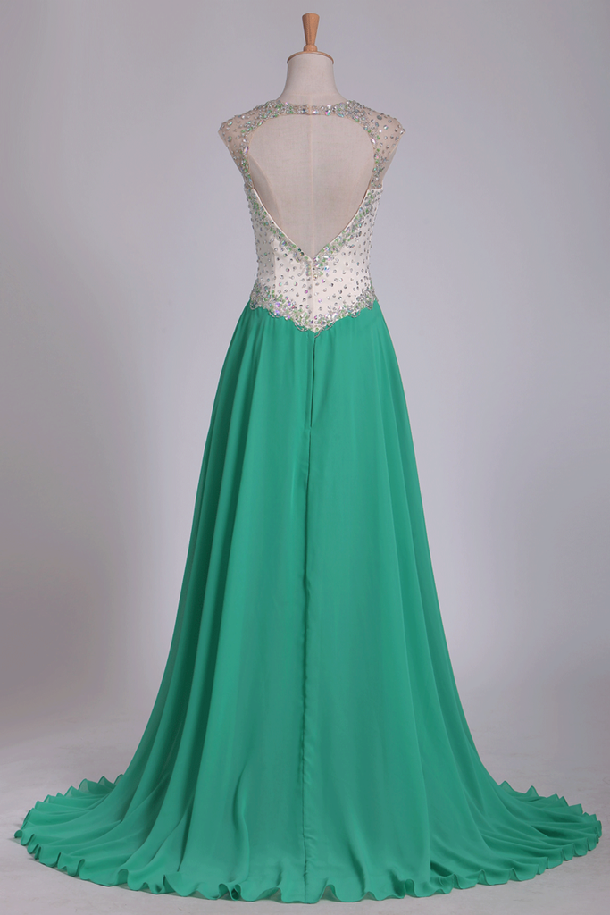Prom Dresses A Line V Neck Chiffon With Beading Open Back