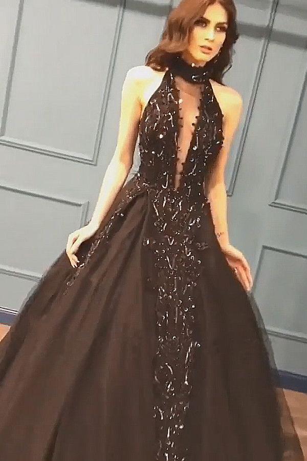 Sexy Ball Gown High Neck Black Tulle V Neck Sequins Party Dresses, Prom Dresses SJS15594