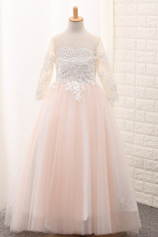 Ball Gown Scoop Long Sleeves Flower Girl Dresses Tulle With Aplique