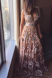 Deep V Neck Lace Applique A-line Prom Dresses, Beads Long Formal Dresses SJS15139