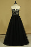 Plus Size Black A Line Prom Dresses Sweetheart Tulle With Applique & Beads Floor Length